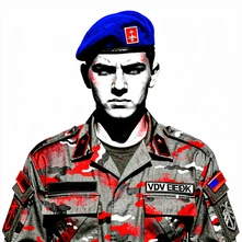 A finished portrait of a young man in full VDV paratrooper uniform with a blue beret and telnyashka, face sharp and confident, photographed against a white background with flat overhead light, hard black shadows under the beret brim and collar, the image printed with high-contrast ink giving a zine-like texture to the fabric folds. Raw photocopy zine aesthetic, brutalist DIY print energy with high-contrast pure white #FFFFFF and pure black #000000, disrupted by aggressive red #FF0000 accents and muted grey #F2F2F2 mid-tones. Flat hard daylight with crushed shadows and no soft falloff. Style: brutalist zine. Mood: confrontational.