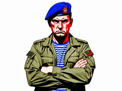 A male paratrooper in full VDV uniform stands with arms crossed, wearing a blue-and-white striped telnyashka under an open olive jacket, a blue beret tilted sharply to one side, against a plain white studio backdrop, face fully visible with a stern expression, flat overhead light casting hard black shadows beneath the chin and brim, no gradients. Raw photocopy zine aesthetic, brutalist DIY print energy with high-contrast pure white #FFFFFF and pure black #000000, disrupted by aggressive red #FF0000 accents and muted grey #F2F2F2 mid-tones. Flat hard daylight with crushed shadows and no soft falloff. Style: brutalist zine. Mood: confrontational.