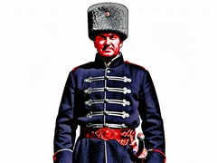 A Cossack soldier in a traditional dark blue cherkesska coat with silver cartridge loops across the chest stands proudly, a tall grey papakha hat on his head, face fully visible with a proud expression, ornate belt with a shashka sword hilt visible at the hip, white background, flat overhead light with crushed black shadows. Raw photocopy zine aesthetic, brutalist DIY print energy with high-contrast pure white #FFFFFF and pure black #000000, disrupted by aggressive red #FF0000 accents and muted grey #F2F2F2 mid-tones. Flat hard daylight with crushed shadows and no soft falloff. Style: brutalist zine. Mood: confrontational.