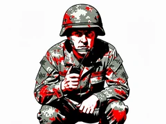 A soldier in pixelated digital camouflage field uniform crouches slightly forward, helmet strapped tight, face fully visible with a focused expression, holding a radio handset, set against a white background with no environmental detail, flat daylight from directly above creating sharp black shadow lines under the helmet brim and collar. Raw photocopy zine aesthetic, brutalist DIY print energy with high-contrast pure white #FFFFFF and pure black #000000, disrupted by aggressive red #FF0000 accents and muted grey #F2F2F2 mid-tones. Flat hard daylight with crushed shadows and no soft falloff. Style: brutalist zine. Mood: confrontational.
