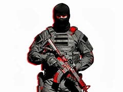 A special forces soldier in all-black tactical gear and a black balaclava pulled down to reveal the full face stands in a ready stance, body armor with MOLLE webbing, gloved hands resting on a folded rifle, white background, flat harsh light from above creating sharp black shadow lines across every strap and panel edge. Raw photocopy zine aesthetic, brutalist DIY print energy with high-contrast pure white #FFFFFF and pure black #000000, disrupted by aggressive red #FF0000 accents and muted grey #F2F2F2 mid-tones. Flat hard daylight with crushed shadows and no soft falloff. Style: brutalist zine. Mood: confrontational.