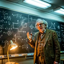 An eccentric professor in a rumpled tweed jacket stands in front of a large blackboard covered in chalk equations and diagrams, chalk dust floating in the air, warm incandescent desk lamp light mixing with cool overhead fluorescents, glasses slightly askew, one hand raised mid-explanation. Style: academic documentary photography. Mood: quirky and intellectual.