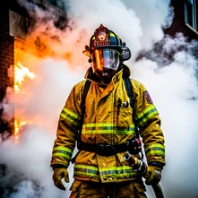 A firefighter in full yellow turnout gear and helmet stands in front of a burning building, thick white smoke billowing around them, the orange glow of flames reflecting off the visor and wet jacket surface, dramatic high-contrast lighting from the fire itself, hose in hand and determined posture. Style: photojournalism. Mood: heroic and urgent.