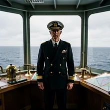 A ship captain in a navy double-breasted uniform and peaked cap stands on the bridge of a large vessel, ocean horizon stretching behind through wide panoramic windows, overcast daylight providing soft diffused illumination, brass instruments and navigation charts visible on the console, composed and authoritative stance. Style: maritime documentary photography. Mood: commanding.