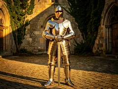 A medieval knight in full polished plate armor stands in a stone castle courtyard, visor raised to reveal the face, sword held upright in front of the chest, golden afternoon sunlight glinting off the metal surfaces and casting long shadows on cobblestones, ivy-covered walls in the background. Style: historical epic realism. Mood: noble and fierce.