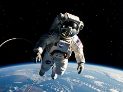 An astronaut in a white NASA spacesuit floats in open space with Earth's curved blue horizon visible below, helmet visor reflecting stars and the spacecraft, harsh unfiltered sunlight illuminating one side of the suit while the other falls into deep shadow, tethered cable drifting gently. Style: NASA documentary photography. Mood: awe-inspiring.