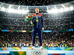 An athlete stands on the top step of an Olympic podium wearing a national team tracksuit, gold medal hanging around the neck, bouquet of flowers in hand, stadium crowd blurred in the background, bright arena floodlights creating a clean even illumination, confetti falling through the air. Style: sports journalism photography. Mood: triumphant.