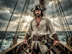 A swashbuckling pirate in a weathered tricorn hat, open linen shirt, and leather belt with a cutlass stands at the helm of a wooden sailing ship, ocean waves crashing in the background, dramatic overcast sky with rays of sunlight breaking through clouds, ropes and rigging framing the scene. Style: adventure film still. Mood: bold and roguish.