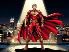 A caped superhero in a vivid red and gold costume stands on a rooftop at night, city skyline glowing behind them, dramatic upward spotlight illuminating the chest emblem and flowing cape, wind catching the fabric, confident wide stance, cinematic depth of field. Style: comic-book realism. Mood: powerful and thrilling.