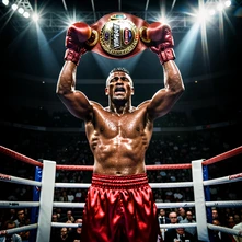 A boxing champion in red satin shorts and gloves holds a gleaming championship belt above their head inside a floodlit boxing ring, corner ropes visible on both sides, crowd blurred in the background, dramatic overhead arena lighting casting strong highlights on the belt and sweat-glistened skin. Style: sports event photography. Mood: victorious and intense.