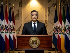 A distinguished figure in a dark formal suit stands behind a polished wooden podium with a national seal, rows of flags flanking both sides, grand marble hall in the background, warm directional key light from above highlighting the face and lapels, serious and composed expression. Style: official press photography. Mood: authoritative.