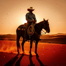 A rugged cowboy in a wide-brimmed hat and denim shirt sits on horseback against a vast desert landscape at golden hour, long shadows stretching across red sand, warm orange and amber sunlight backlighting the silhouette and catching dust particles in the air, lasso coiled on the saddle. Style: classic Western film photography. Mood: adventurous and nostalgic.