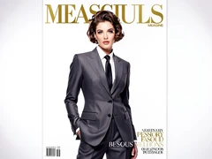 A glamorous person poses on the cover of a glossy fashion magazine, wearing a tailored designer suit against a clean white studio backdrop, bold magazine title text in gold serif font at the top, soft diffused studio lighting from two sides eliminating harsh shadows, polished and editorial. Style: high-fashion photography. Mood: aspirational.