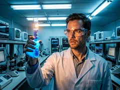 A scientist in a white lab coat and safety goggles holds up a glowing blue test tube in a high-tech laboratory, rows of equipment and monitors visible in the background, cool blue-white fluorescent overhead lighting mixed with the warm glow from the tube, focused and curious expression. Style: science documentary photography. Mood: intellectual and dramatic.