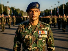 A confident male soldier in a dark blue beret and camouflage uniform stands at attention in a military parade ground, chest decorated with medals, shoulders squared, afternoon sunlight casting sharp shadows across the uniform fabric, crisp details on insignia and buttons. Style: photorealistic editorial portrait. Mood: proud and heroic.